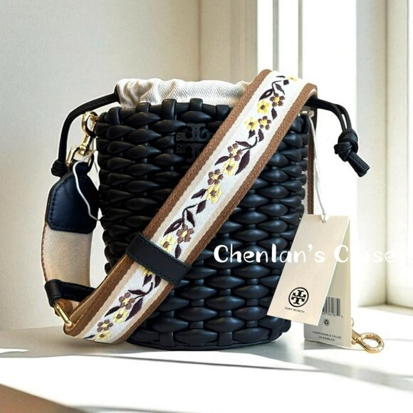 Tory Burch Emerson Woven Mini Bucket Bag Black With Gold Hardware - Picture 11 of 13